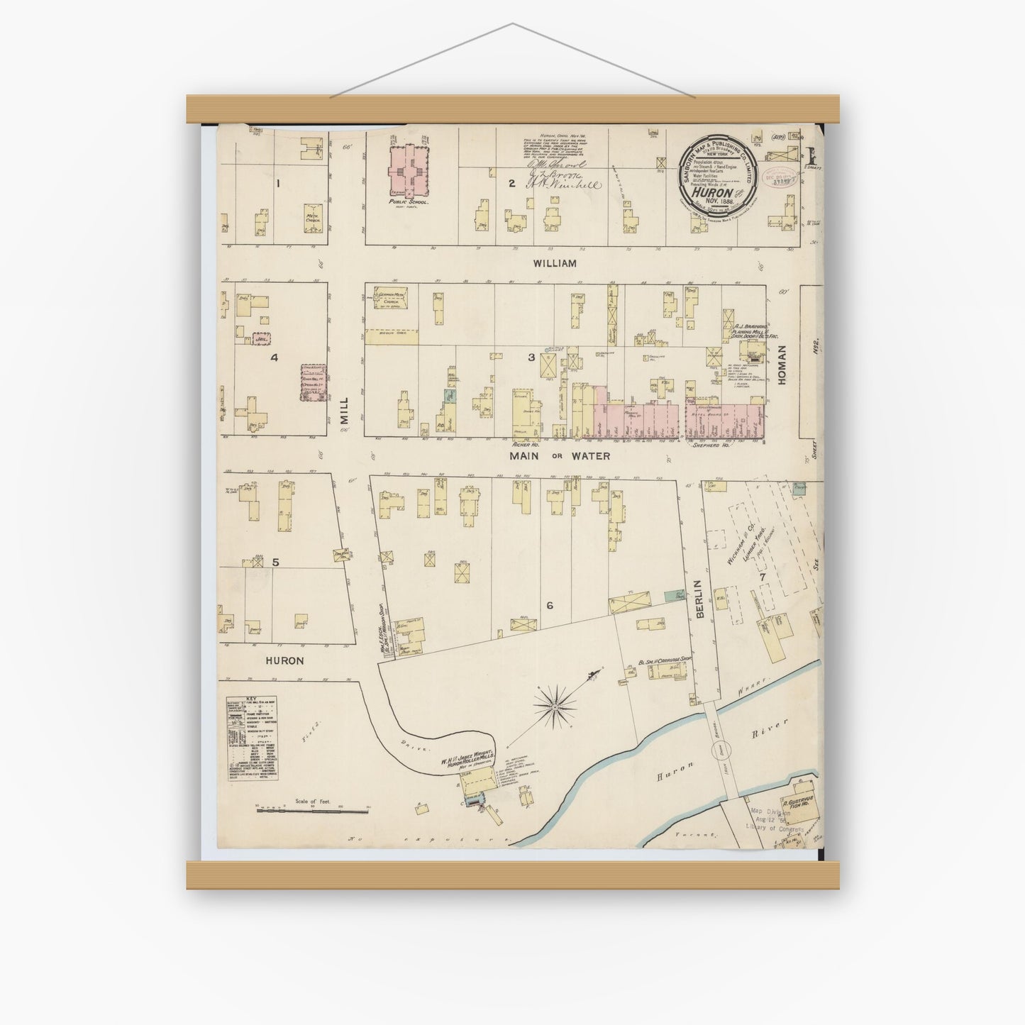 Old map wall art mockup — magnetic wood frame on white wall — Sanborn Fire Insurance Map from Huron, Erie County, Ohio (1888) - Complete Map Set