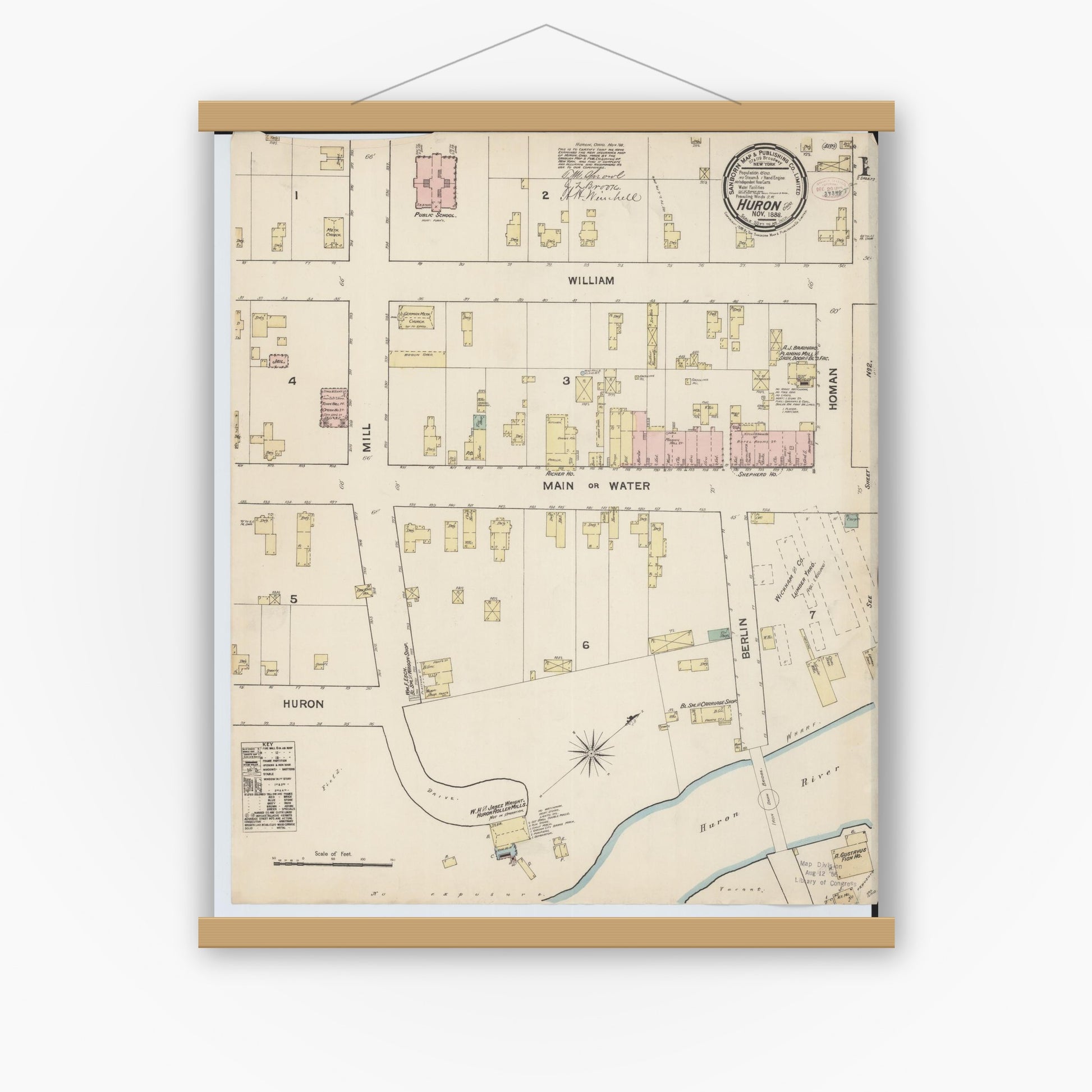 Old map wall art mockup — magnetic wood frame on white wall — Sanborn Fire Insurance Map from Huron, Erie County, Ohio (1888) - Complete Map Set