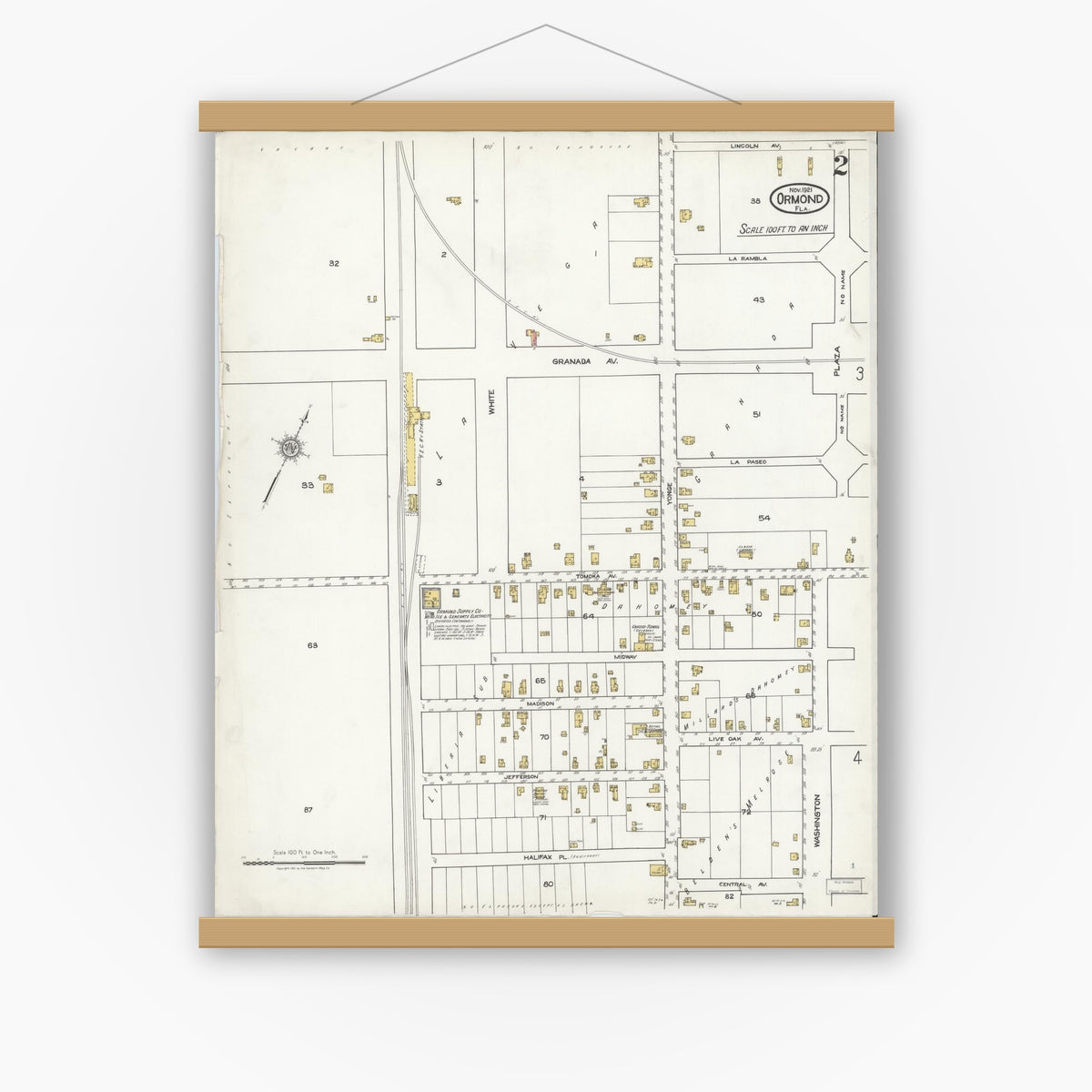 Old map wall art mockup — magnetic wood frame on white wall — Sanborn Fire Insurance Map from Ormond, Volusia County, Florida (1921), Sheet #0002