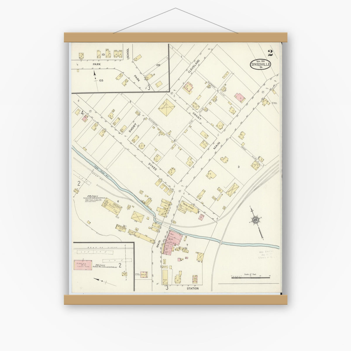 Old map wall art mockup — magnetic wood frame on white wall — Sanborn Fire Insurance Map from Sykesville, Jefferson County, Pennsylvania (1914), Sheet #0002
