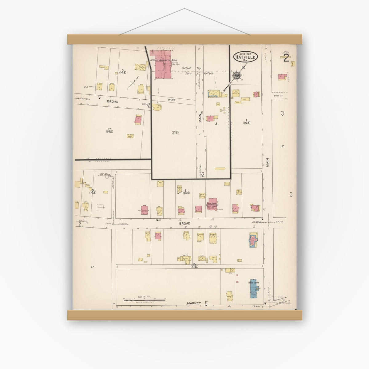 Old map wall art mockup — magnetic wood frame on white wall — Sanborn Fire Insurance Map from Hatfield, Montgomery County, Pennsylvania (1922), Sheet #0002