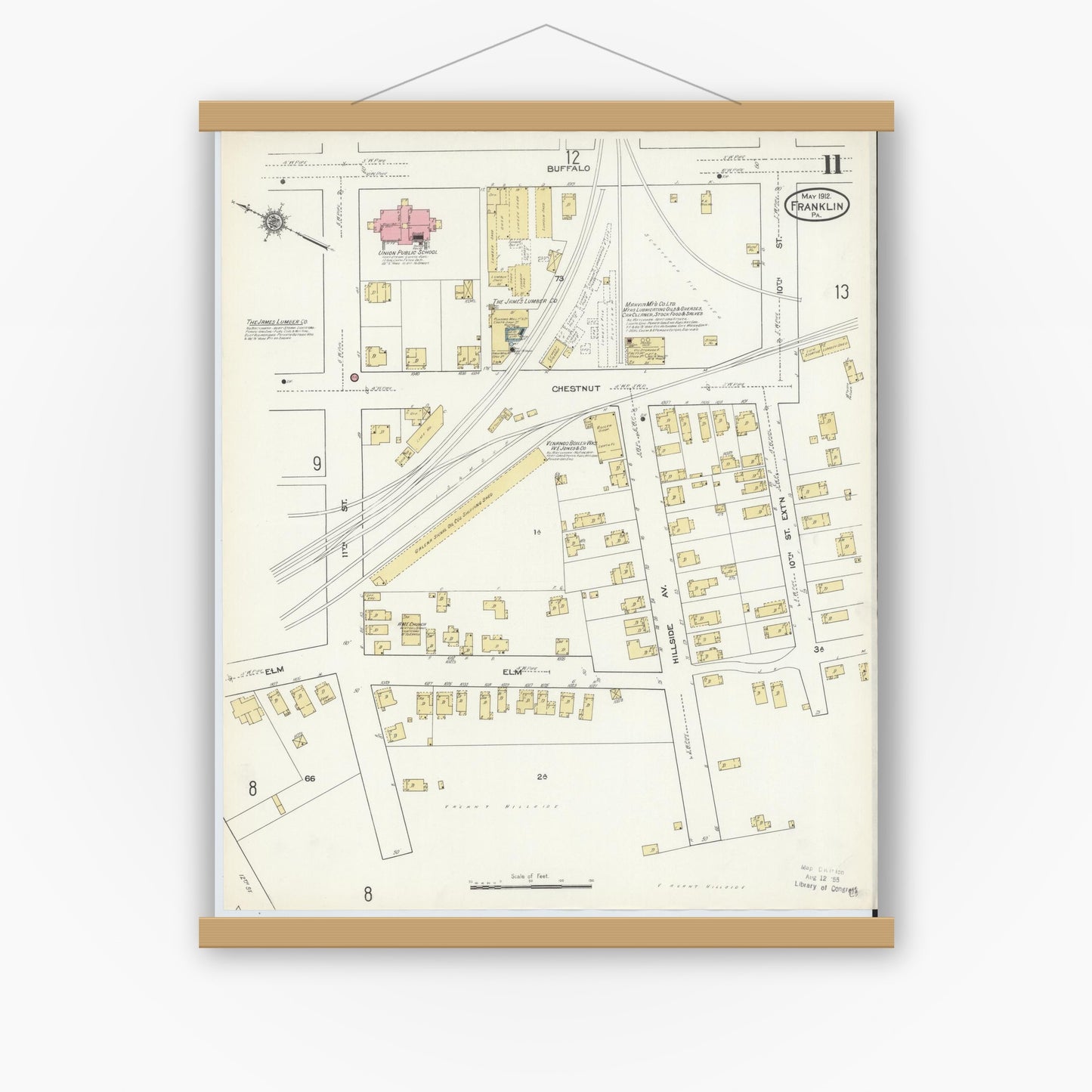 Old map wall art mockup — magnetic wood frame on white wall — Sanborn Fire Insurance Map from Franklin, Venango County, Pennsylvania (1912), Sheet #0011