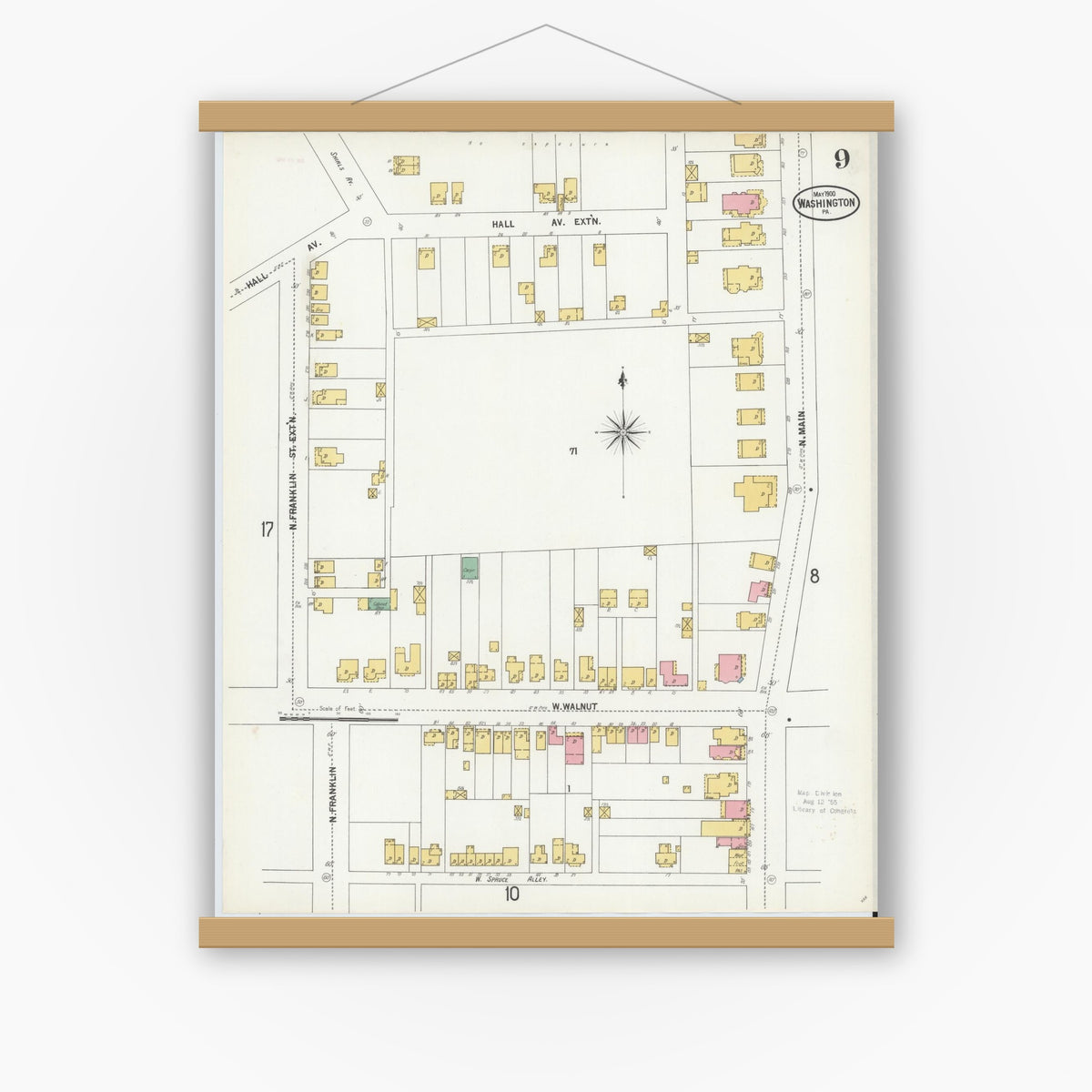 Old map wall art mockup — magnetic wood frame on white wall — Sanborn Fire Insurance Map from Washington, Washington County, Pennsylvania (1900), Sheet #0009