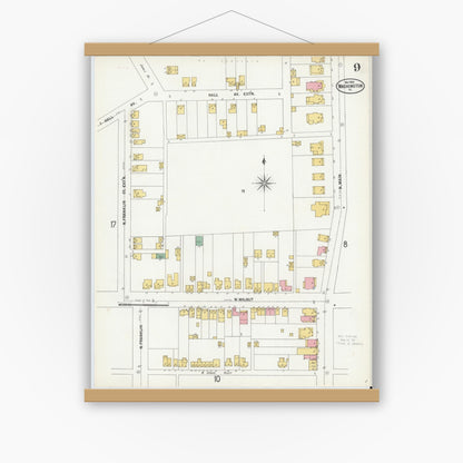 Old map wall art mockup — magnetic wood frame on white wall — Sanborn Fire Insurance Map from Washington, Washington County, Pennsylvania (1900), Sheet #0009