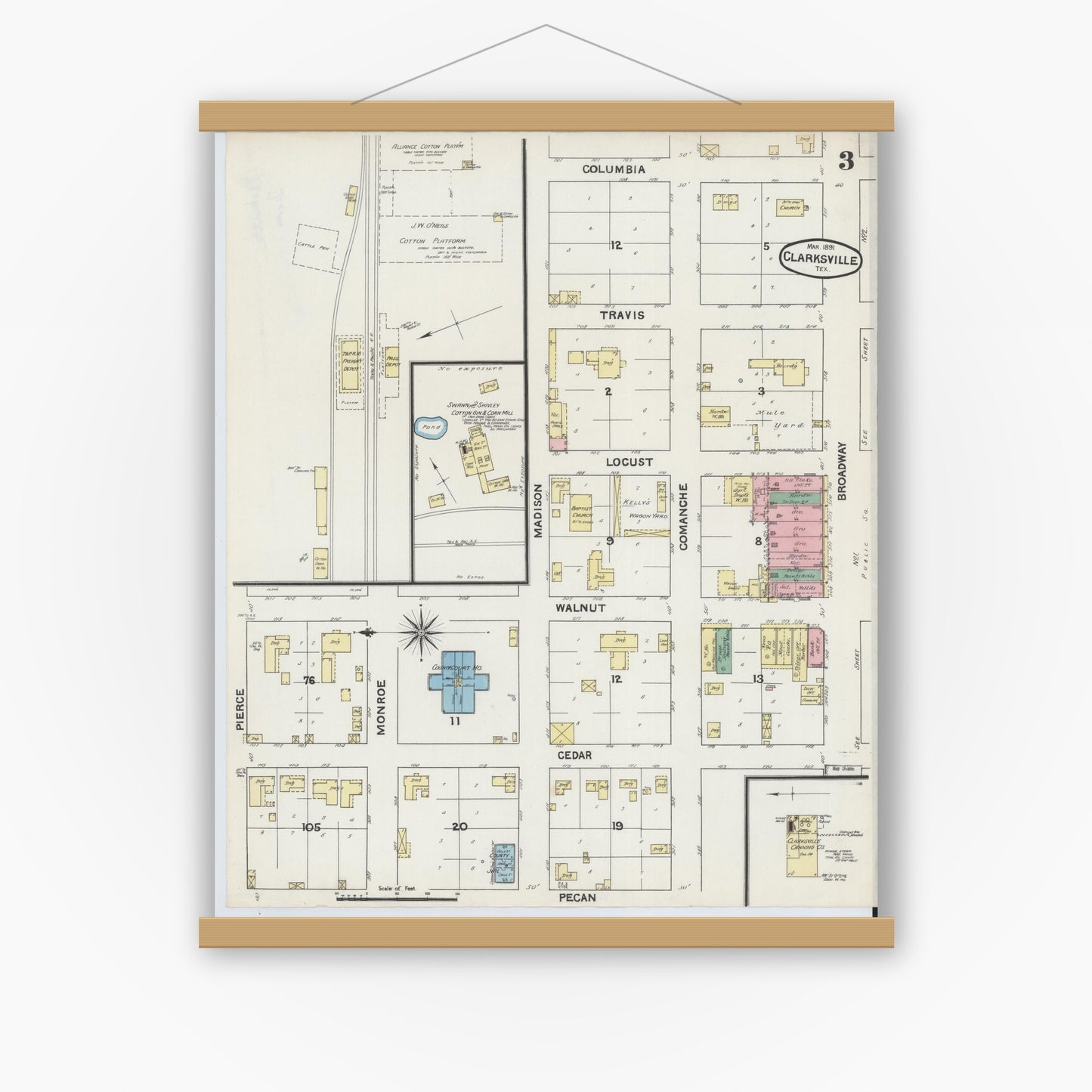 Old map wall art mockup — magnetic wood frame on white wall — Sanborn Fire Insurance Map from Clarksville, Red River County, Texas (1891), Sheet #0003