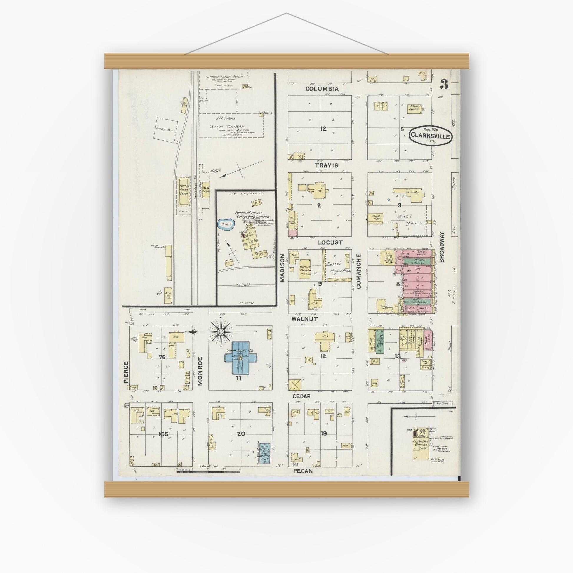 Old map wall art mockup — magnetic wood frame on white wall — Sanborn Fire Insurance Map from Clarksville, Red River County, Texas (1891), Sheet #0003