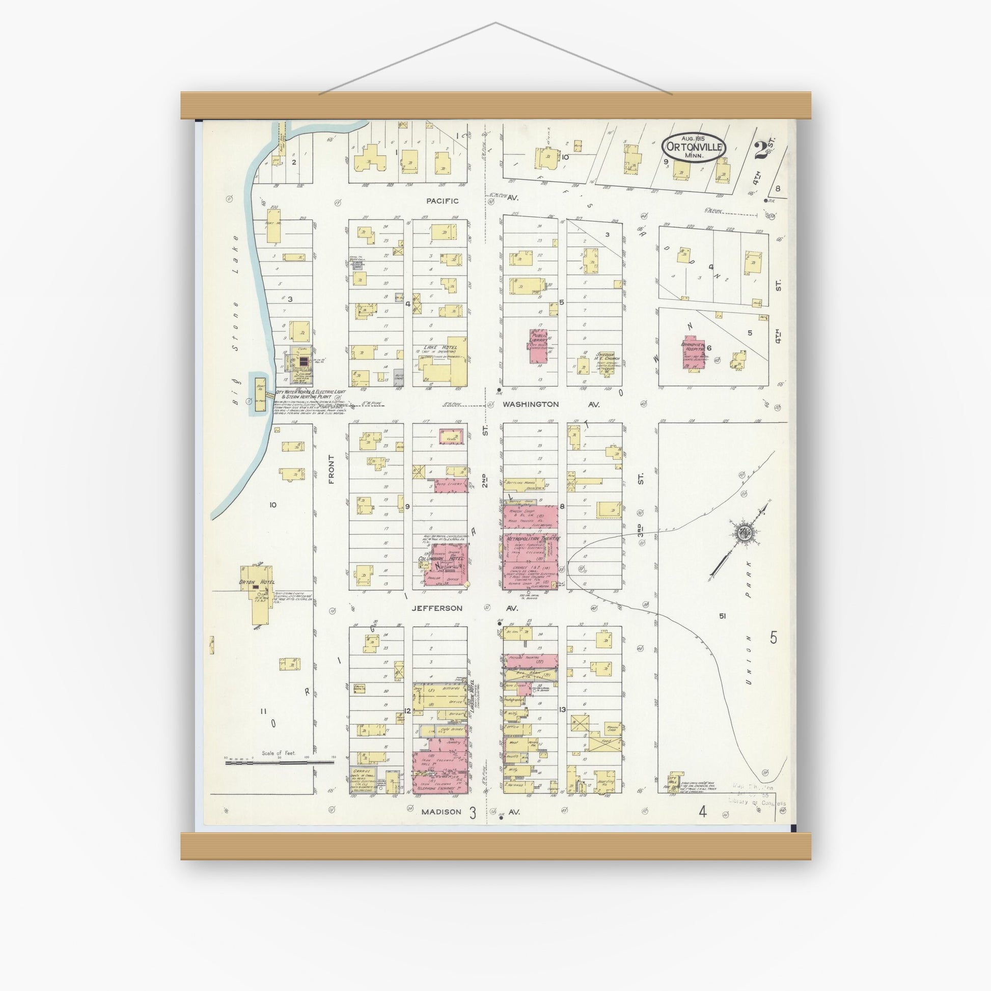 Old map wall art mockup — magnetic wood frame on white wall — Sanborn Fire Insurance Map from Ortonville, Big Stone County, Minnesota (1915), Sheet #0002