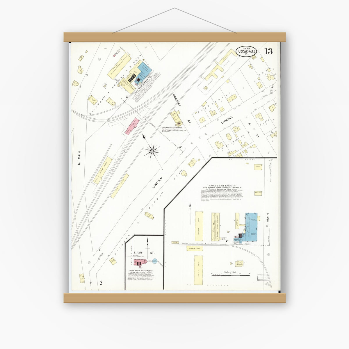 Old map wall art mockup — magnetic wood frame on white wall — Sanborn Fire Insurance Map from Cedar Falls, Black Hawk County, Iowa (1909), Sheet #0013