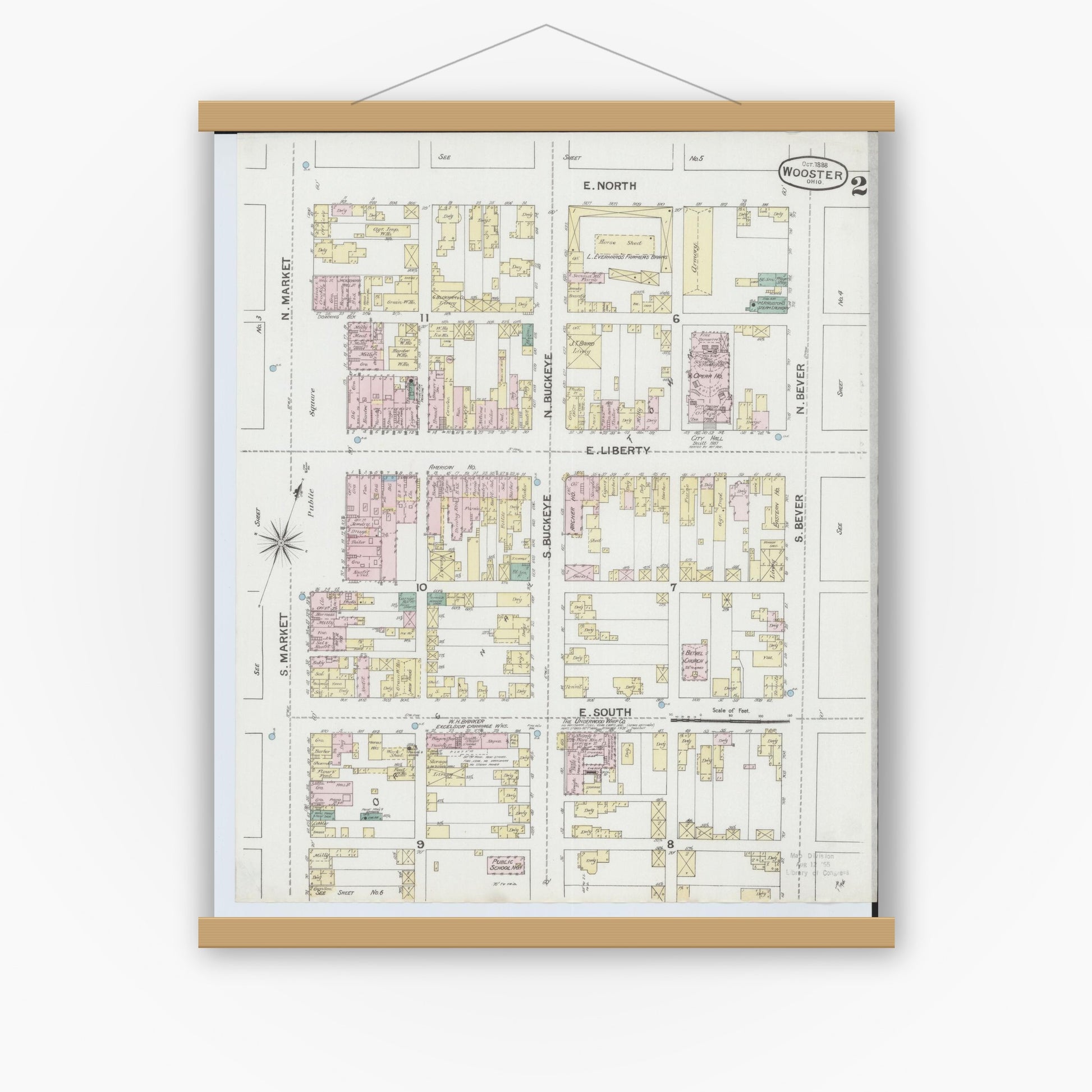 Old map wall art mockup — magnetic wood frame on white wall — Sanborn Fire Insurance Map from Wooster, Wayne County, Ohio (1888), Sheet #0002