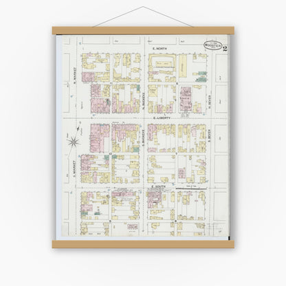 Old map wall art mockup — magnetic wood frame on white wall — Sanborn Fire Insurance Map from Wooster, Wayne County, Ohio (1888), Sheet #0002