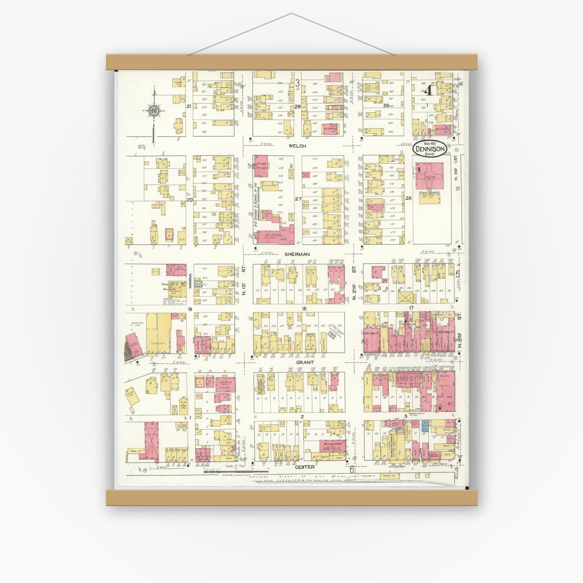 Old map wall art mockup — magnetic wood frame on white wall — Sanborn Fire Insurance Map from Dennison, Tuscarawas County, Ohio (1921), Sheet #0004