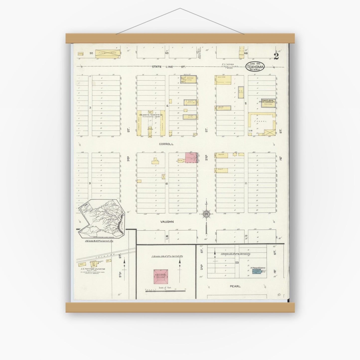 Old map wall art mockup — magnetic wood frame on white wall — Sanborn Fire Insurance Map from Texhoma, Texas County, Oklahoma and Sherman County, Texas, Oklahoma (1913), Sheet #0002