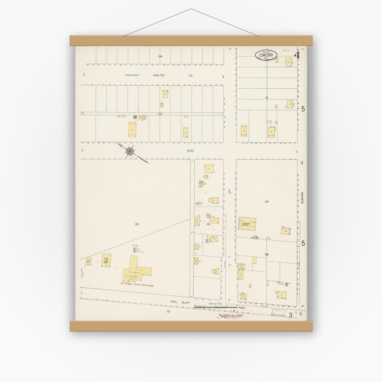 Old map wall art mockup — magnetic wood frame on white wall — Sanborn Fire Insurance Map from Concord, Contra Costa County, California (1917), Sheet #0004