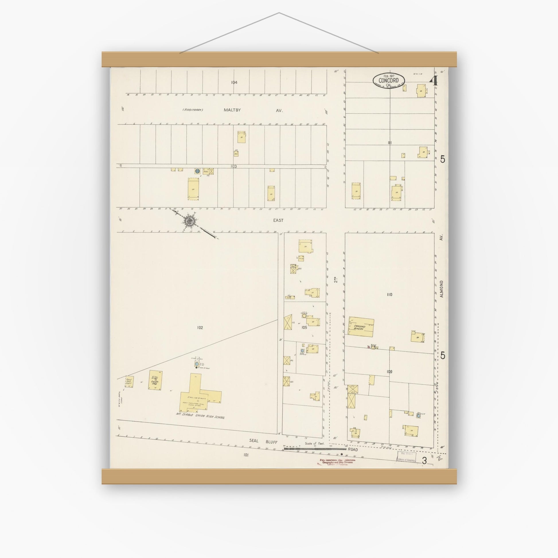 Old map wall art mockup — magnetic wood frame on white wall — Sanborn Fire Insurance Map from Concord, Contra Costa County, California (1917), Sheet #0004