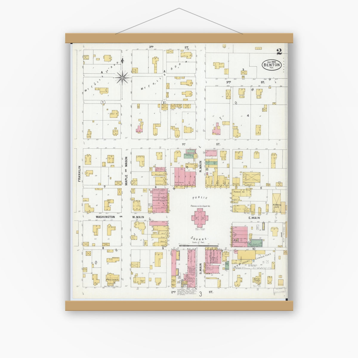 Old map wall art mockup — magnetic wood frame on white wall — Sanborn Fire Insurance Map from Benton, Franklin County, Illinois (1900), Sheet #0002