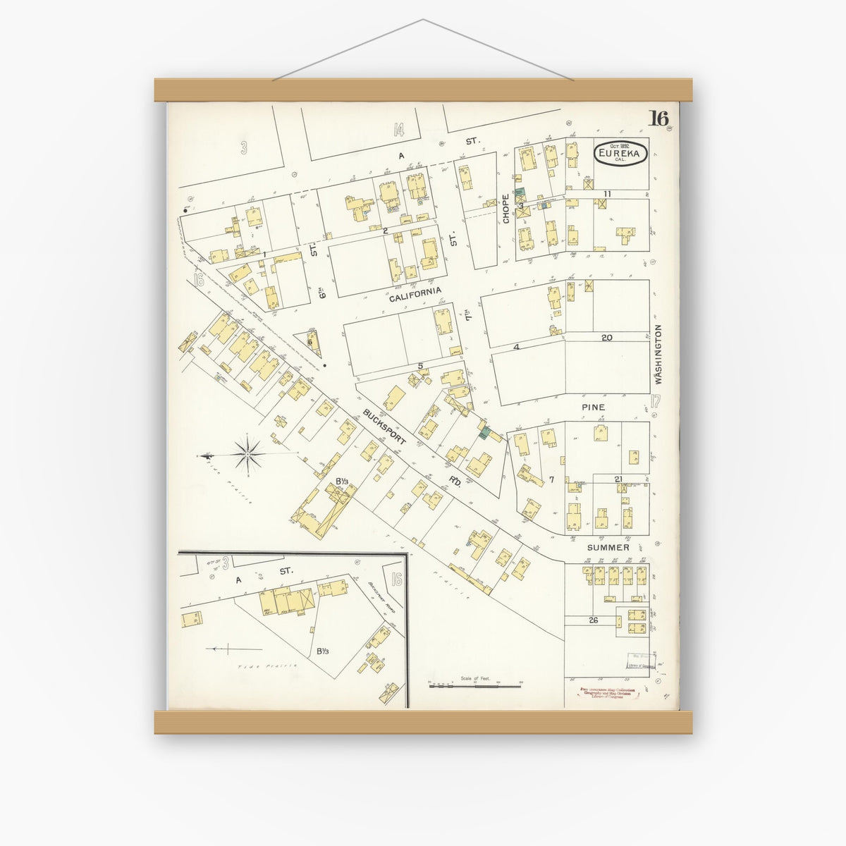 Old map wall art mockup — magnetic wood frame on white wall — Sanborn Fire Insurance Map from Eureka, Humboldt County, California (1892), Sheet #0016
