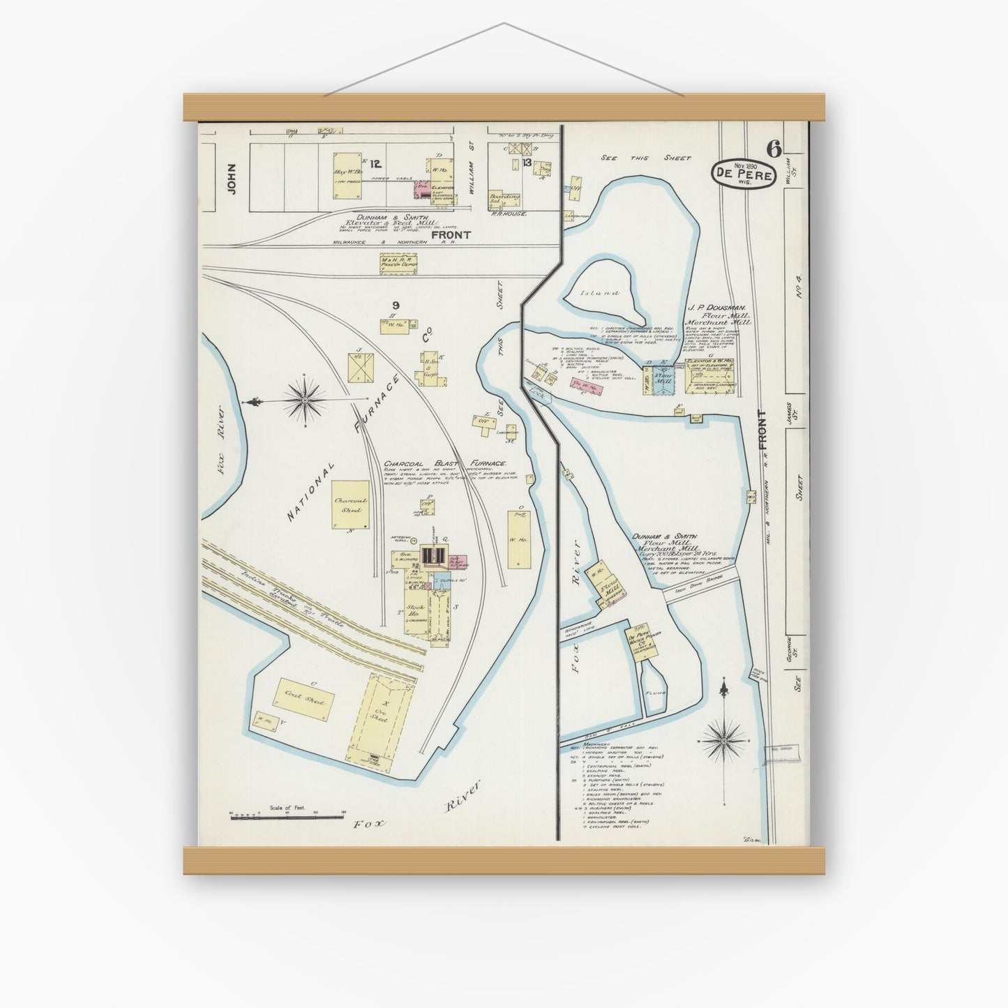 Old map wall art mockup — magnetic wood frame on white wall — Sanborn Fire Insurance Map from De Pere, Brown County, Wisconsin (1890), Sheet #0006