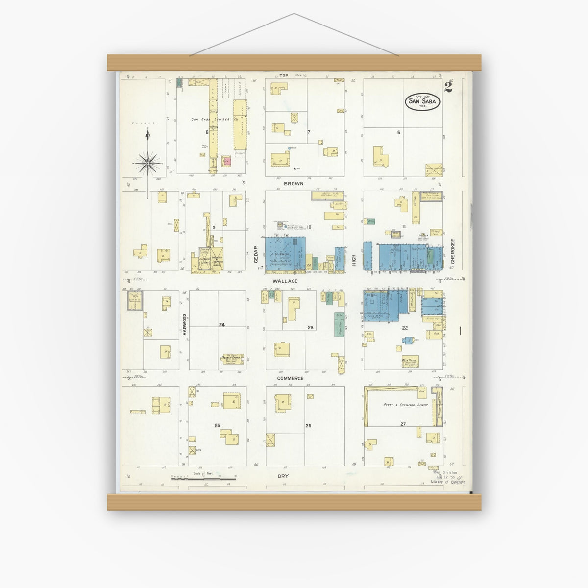 Old map wall art mockup — magnetic wood frame on white wall — Sanborn Fire Insurance Map from San Saba, San Saba County, Texas (1907), Sheet #0002