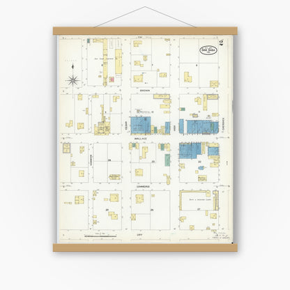 Old map wall art mockup — magnetic wood frame on white wall — Sanborn Fire Insurance Map from San Saba, San Saba County, Texas (1907), Sheet #0002