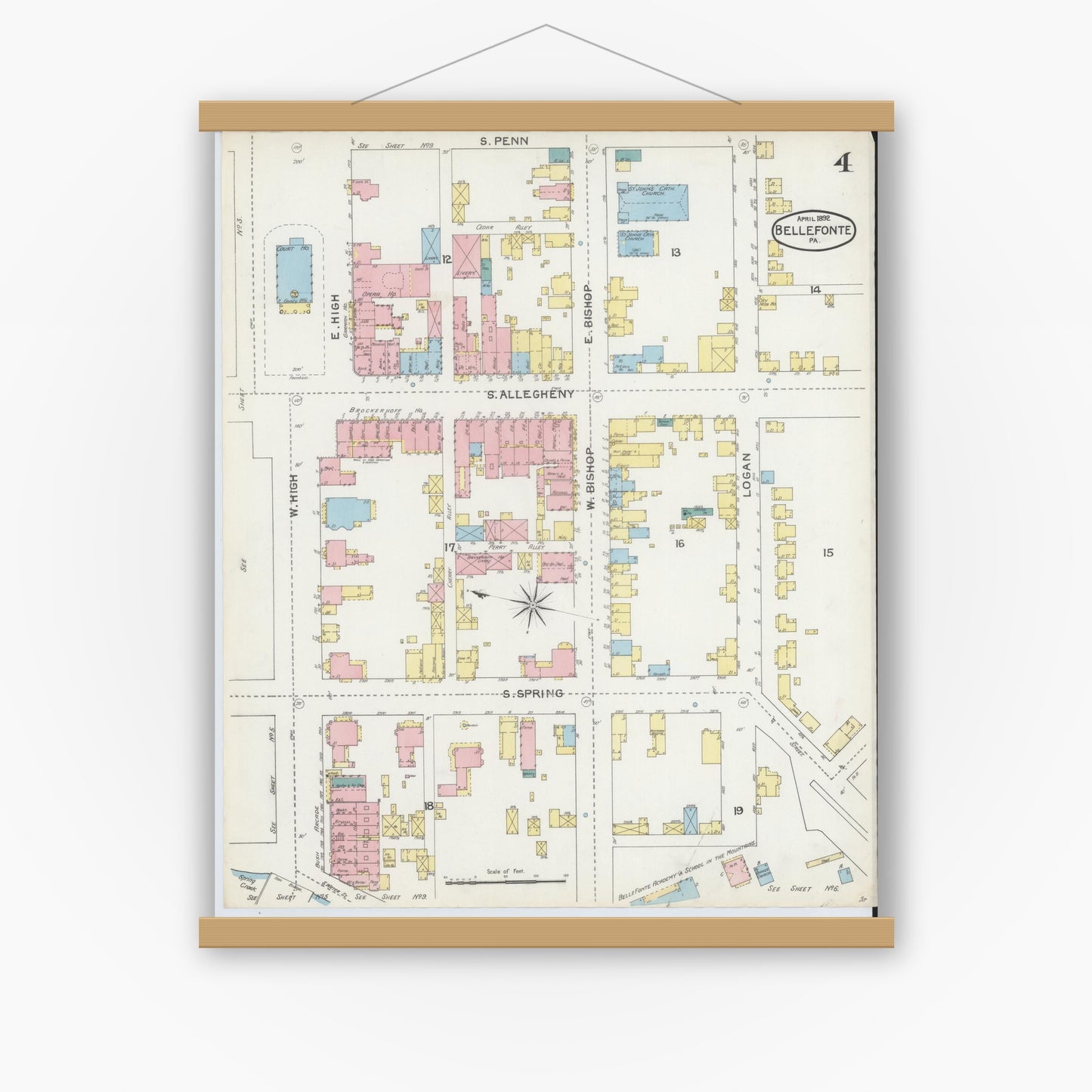Old map wall art mockup — magnetic wood frame on white wall — Sanborn Fire Insurance Map from Bellefonte, Centre County, Pennsylvania (1892), Sheet #0004