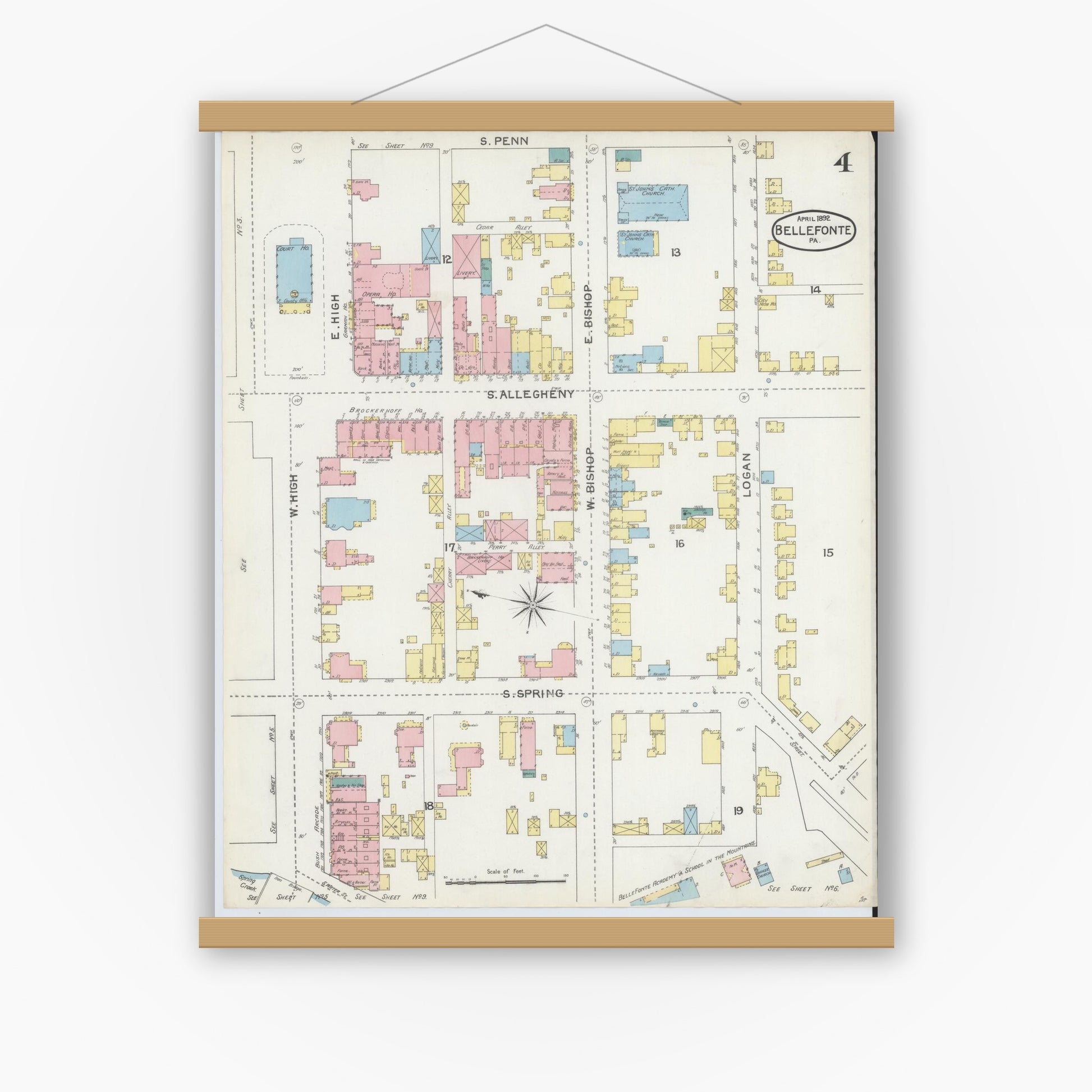 Old map wall art mockup — magnetic wood frame on white wall — Sanborn Fire Insurance Map from Bellefonte, Centre County, Pennsylvania (1892), Sheet #0004