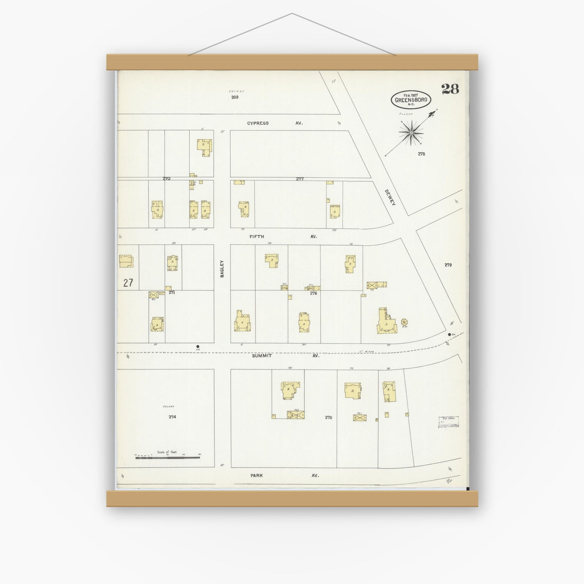 Old map wall art mockup — magnetic wood frame on white wall — Sanborn Fire Insurance Map from Greensboro, Guilford County, North Carolina (1907), Sheet #0028