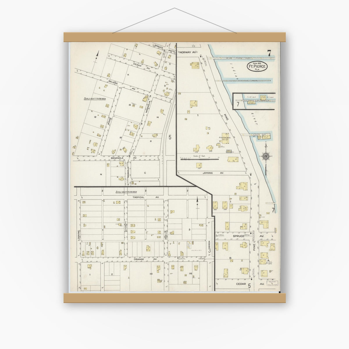 Old map wall art mockup — magnetic wood frame on white wall — Sanborn Fire Insurance Map from Fort Pierce, St Lucie County, Florida (1915), Sheet #0007