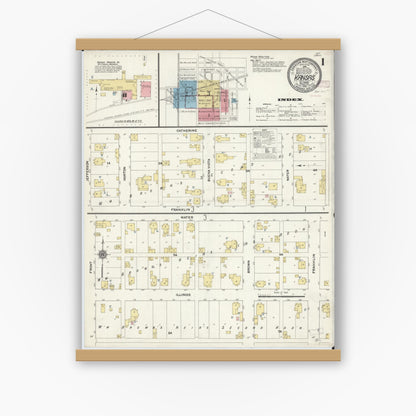 Old map wall art mockup — magnetic wood frame on white wall — Sanborn Fire Insurance Map from Kansas, Edgar County, Illinois (1910), Sheet #0001
