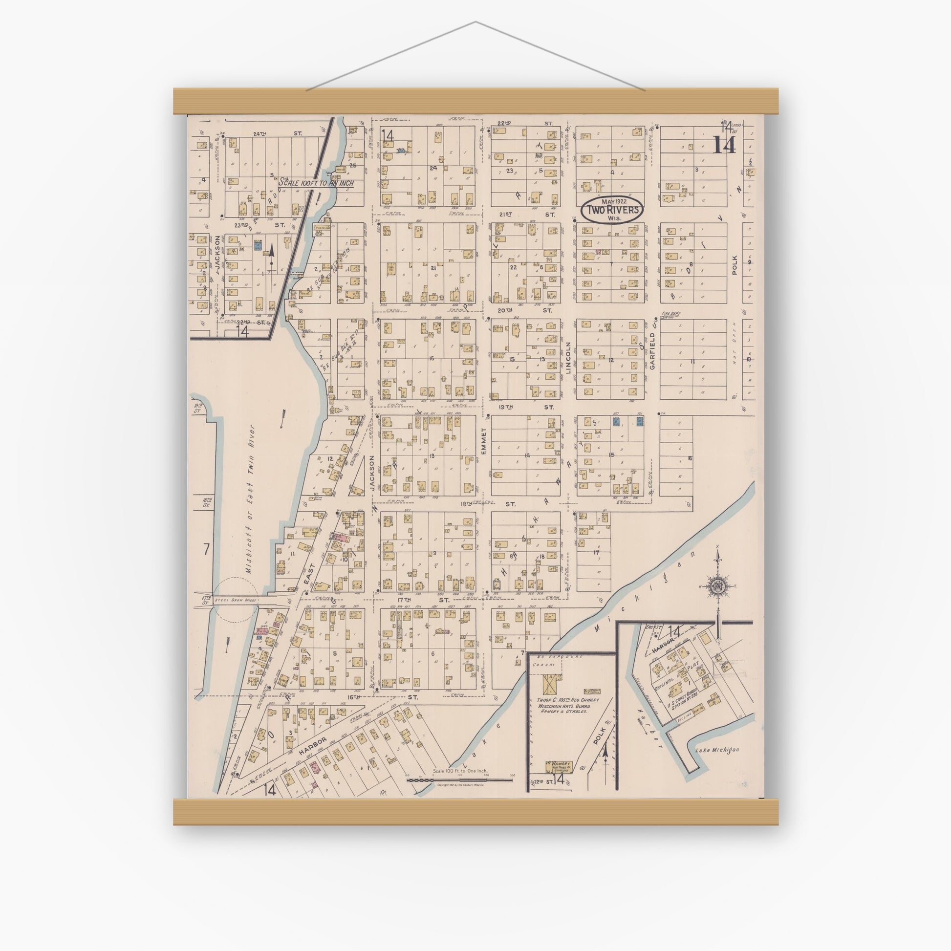 Old map wall art mockup — magnetic wood frame on white wall — Sanborn Fire Insurance Map from Two Rivers, Manitowoc County, Wisconsin (1922), Sheet #0014