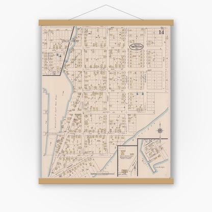Old map wall art mockup — magnetic wood frame on white wall — Sanborn Fire Insurance Map from Two Rivers, Manitowoc County, Wisconsin (1922), Sheet #0014