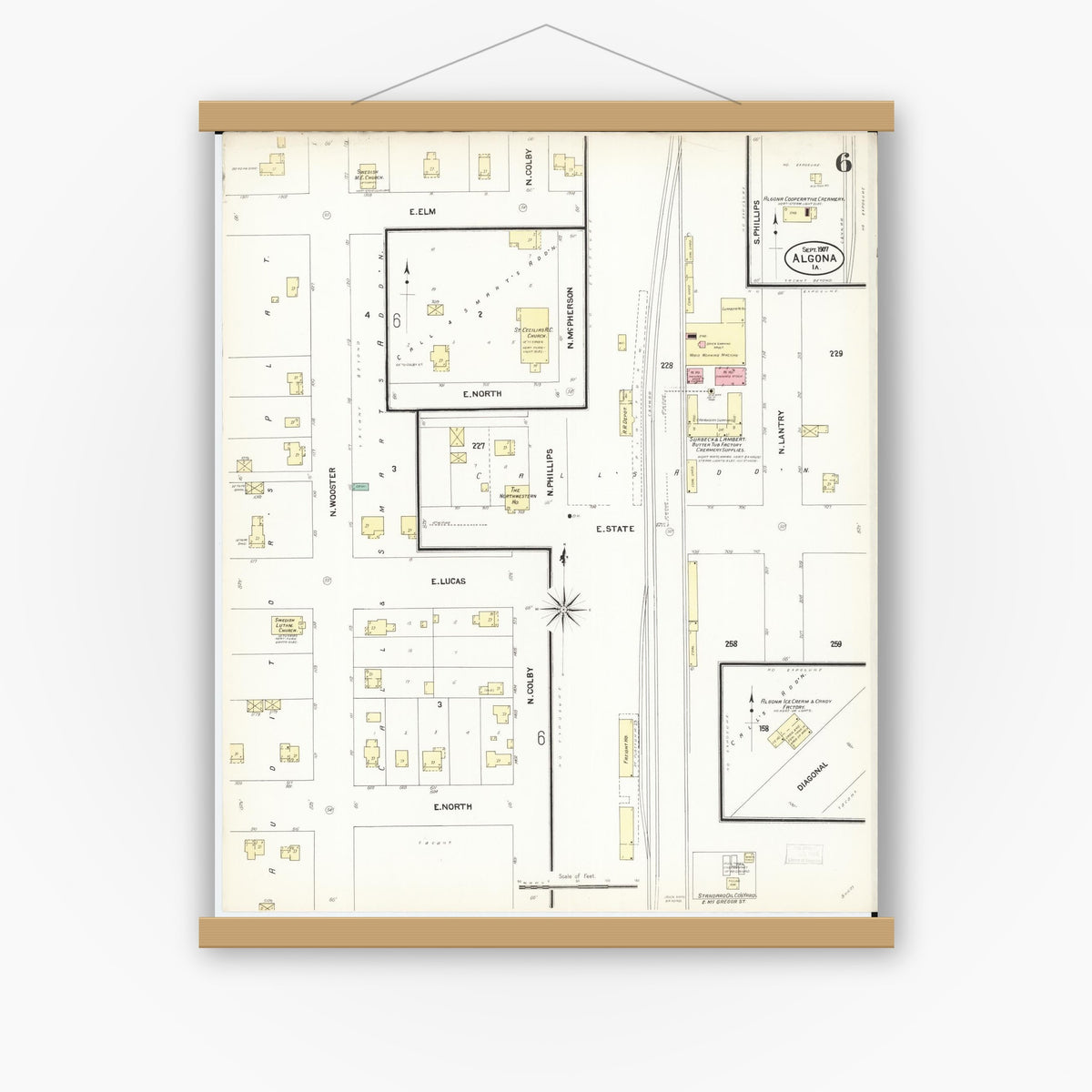 Old map wall art mockup — magnetic wood frame on white wall — Sanborn Fire Insurance Map from Algona, Kossuth County, Iowa (1907), Sheet #0006