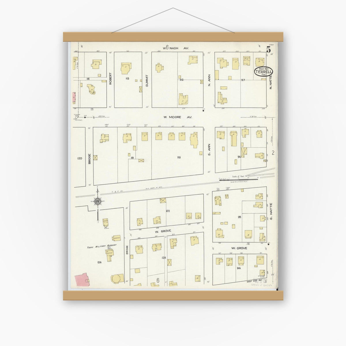 Old map wall art mockup — magnetic wood frame on white wall — Sanborn Fire Insurance Map from Terrell, Kaufman County, Texas (1921), Sheet #0005