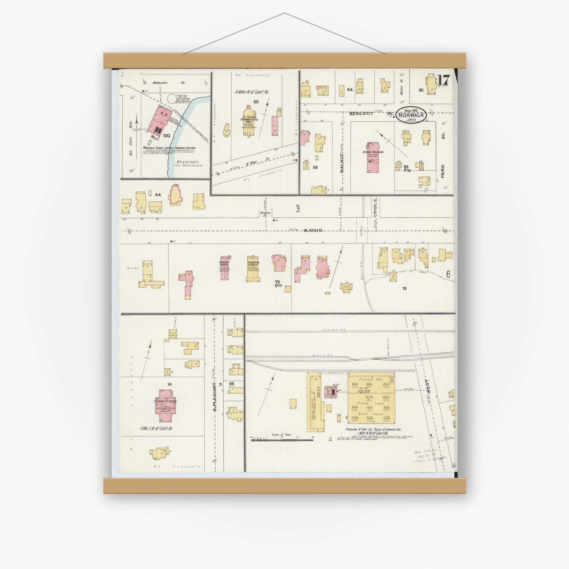 Old map wall art mockup — magnetic wood frame on white wall — Sanborn Fire Insurance Map from Norwalk, Huron County, Ohio (1906), Sheet #0017