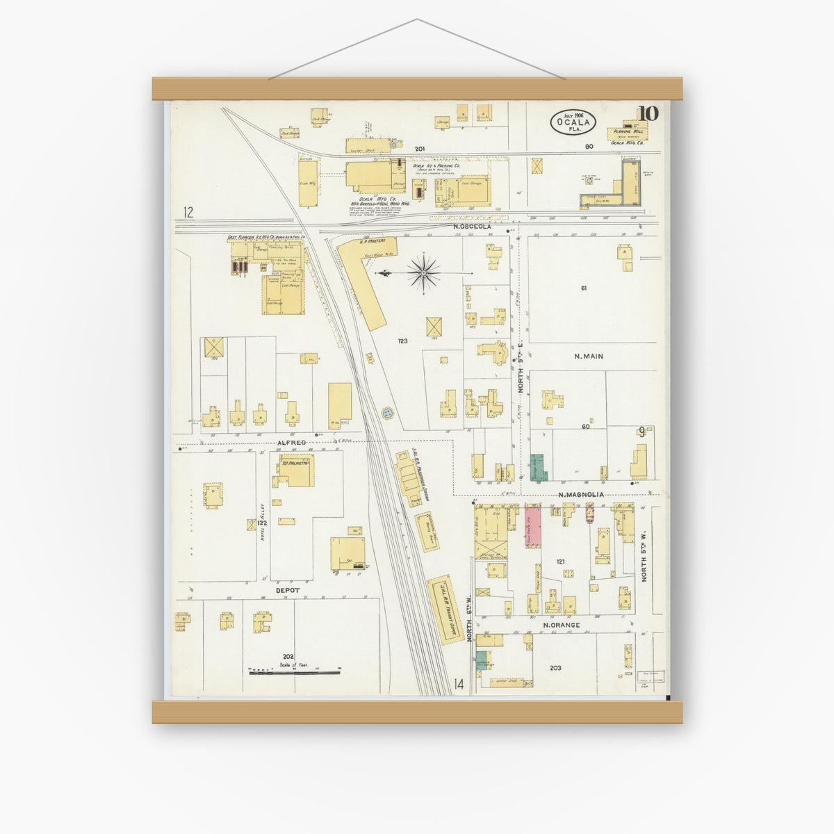 Old map wall art mockup — magnetic wood frame on white wall — Sanborn Fire Insurance Map from Ocala, Marion County, Florida (1906), Sheet #0010
