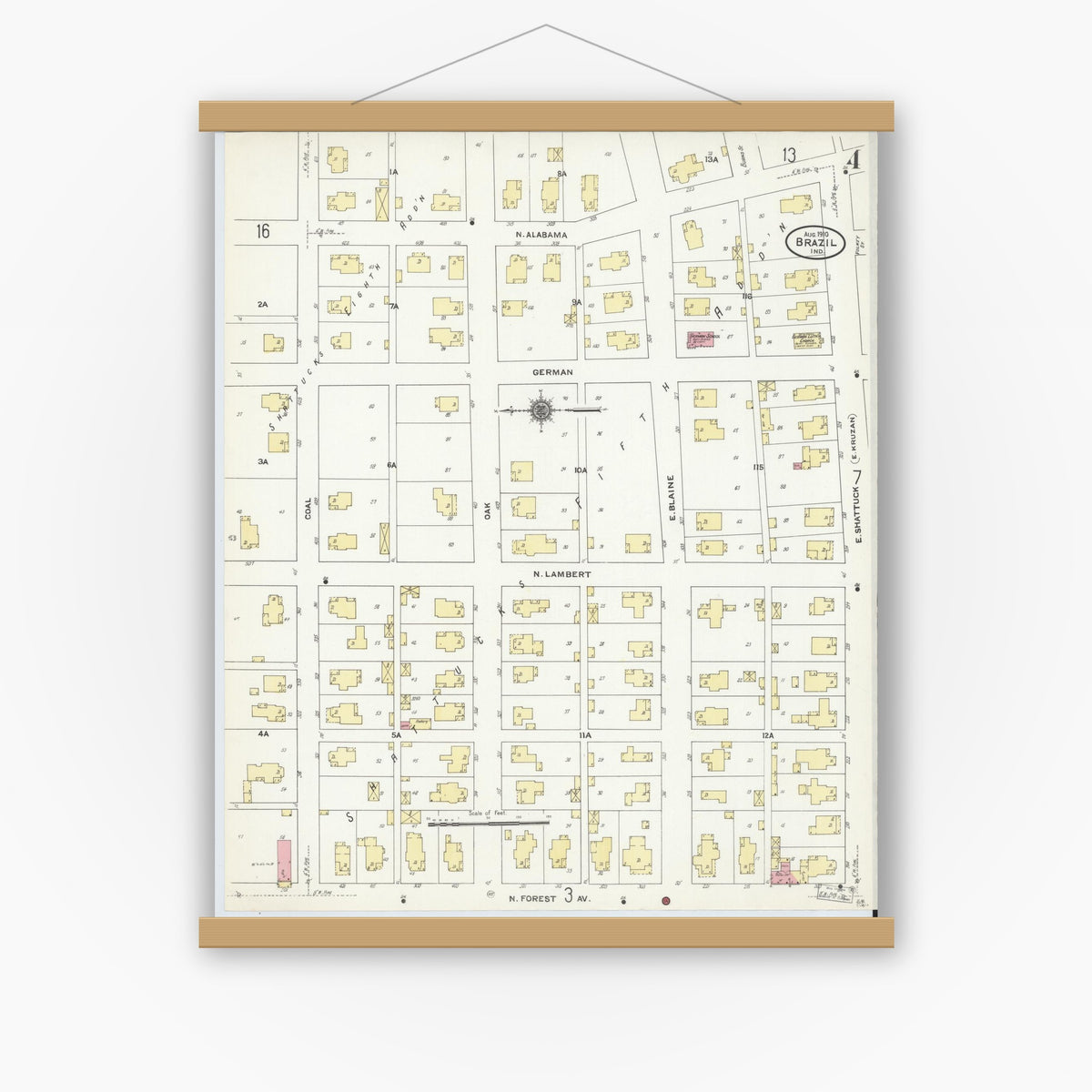 Old map wall art mockup — magnetic wood frame on white wall — Sanborn Fire Insurance Map from Brazil, Clay County, Indiana (1910), Sheet #0004