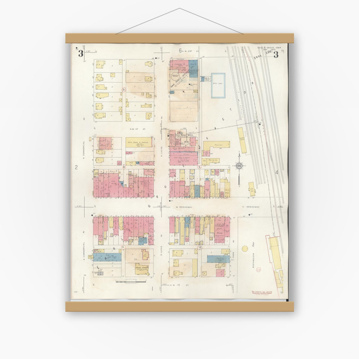 Old map wall art mockup — magnetic wood frame on white wall — Sanborn Fire Insurance Map from Eagle Grove, Wright County, Iowa (1941), Sheet #0003