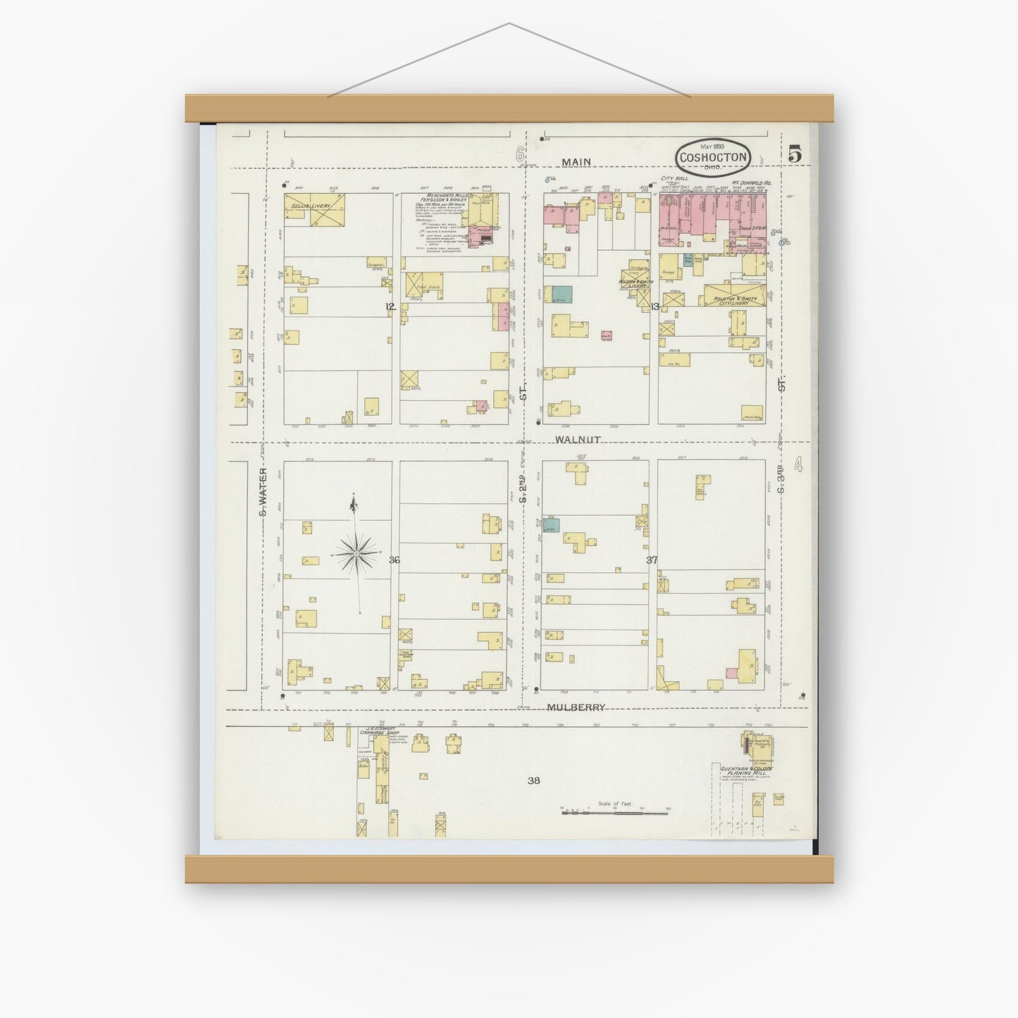 Old map wall art mockup — magnetic wood frame on white wall — Sanborn Fire Insurance Map from Coshocton, Coshocton County, Ohio (1893), Sheet #0005