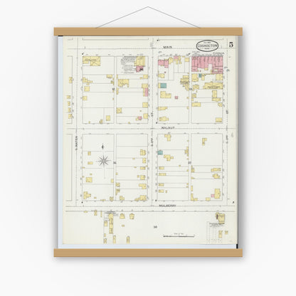Old map wall art mockup — magnetic wood frame on white wall — Sanborn Fire Insurance Map from Coshocton, Coshocton County, Ohio (1893), Sheet #0005