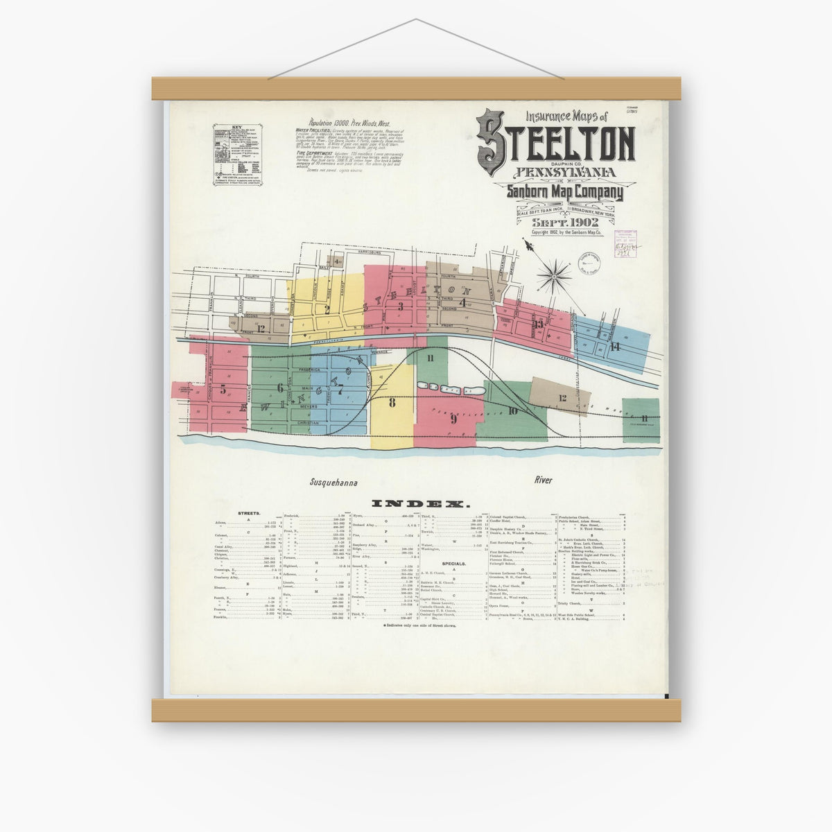 Old map wall art mockup — magnetic wood frame on white wall — Sanborn Fire Insurance Map from Steelton, Dauphin County, Pennsylvania (1902), Sheet #0001