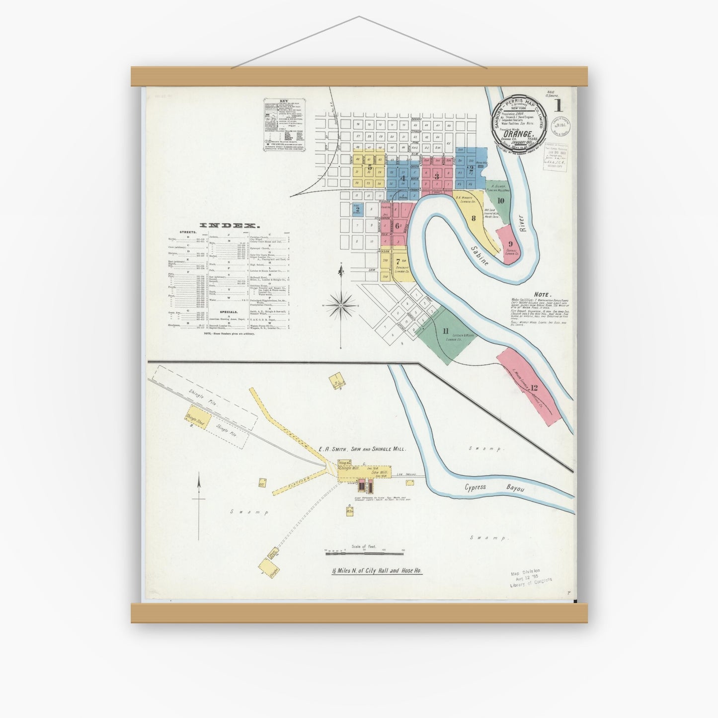 Old map wall art mockup — magnetic wood frame on white wall — Sanborn Fire Insurance Map from Orange, Orange County, Texas (1901), Sheet #0001