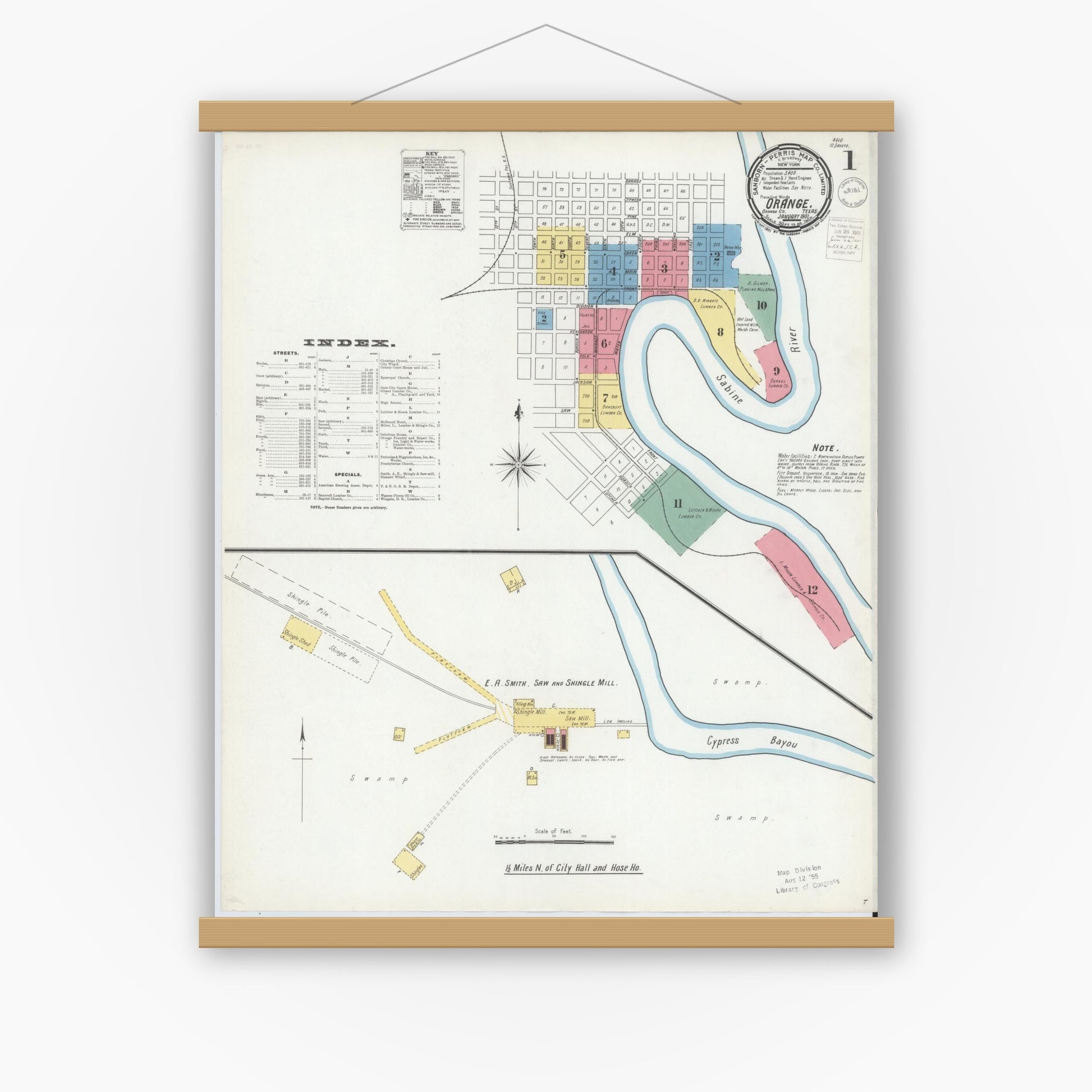 Old map wall art mockup — magnetic wood frame on white wall — Sanborn Fire Insurance Map from Orange, Orange County, Texas (1901), Sheet #0001