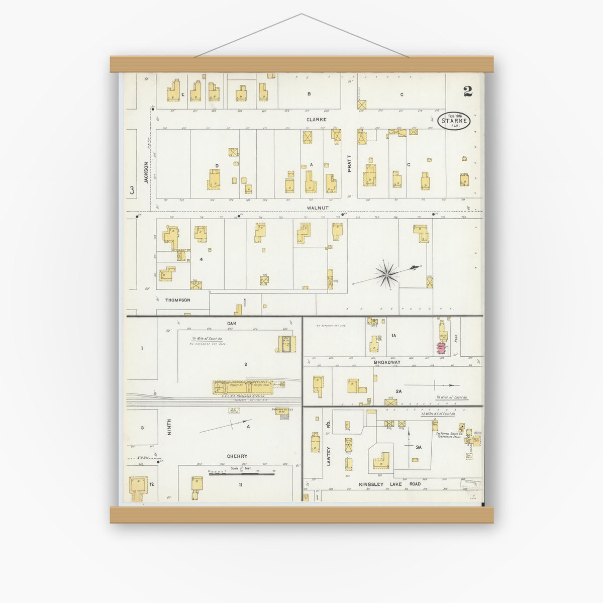 Old map wall art mockup — magnetic wood frame on white wall — Sanborn Fire Insurance Map from Starke, Bradford County, Florida (1906), Sheet #0002