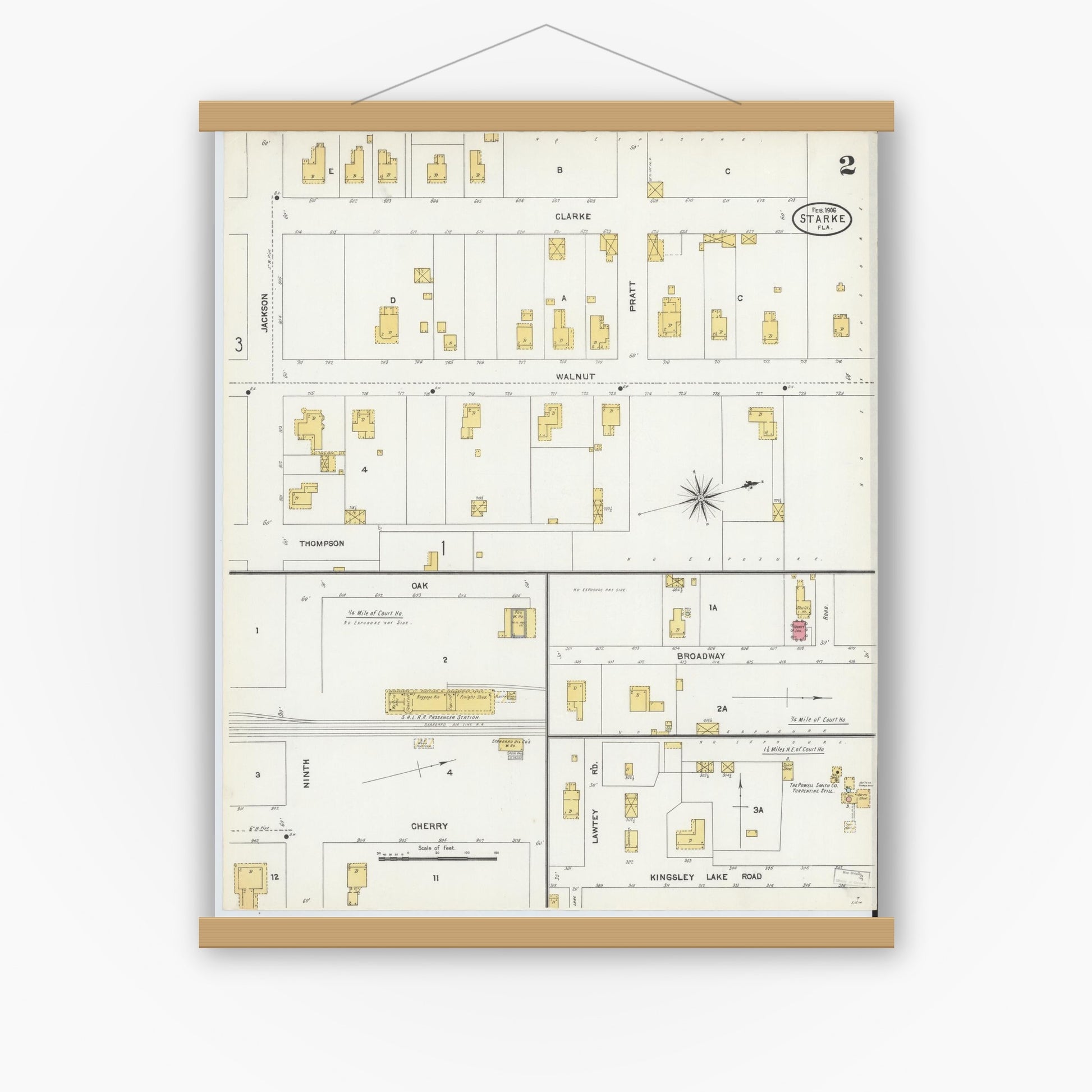 Old map wall art mockup — magnetic wood frame on white wall — Sanborn Fire Insurance Map from Starke, Bradford County, Florida (1906), Sheet #0002