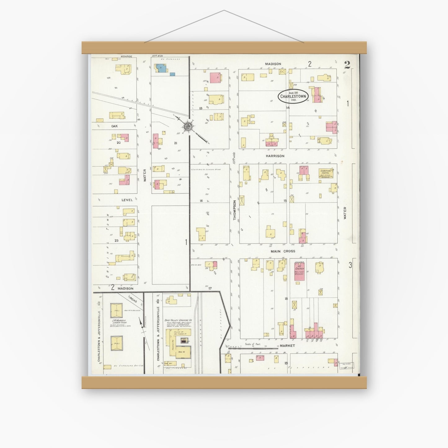 Old map wall art mockup — magnetic wood frame on white wall — Sanborn Fire Insurance Map from Charlestown, Clark County, Indiana (1911), Sheet #0002