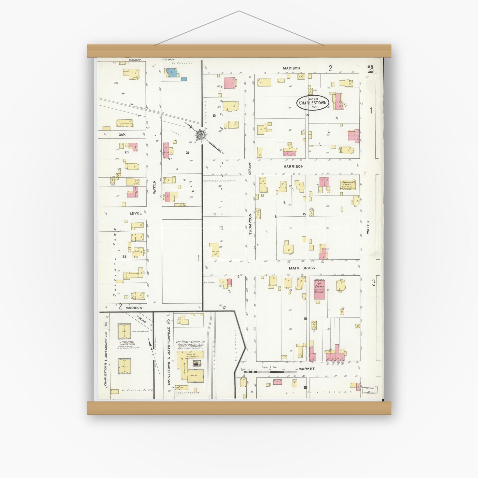 Old map wall art mockup — magnetic wood frame on white wall — Sanborn Fire Insurance Map from Charlestown, Clark County, Indiana (1911), Sheet #0002
