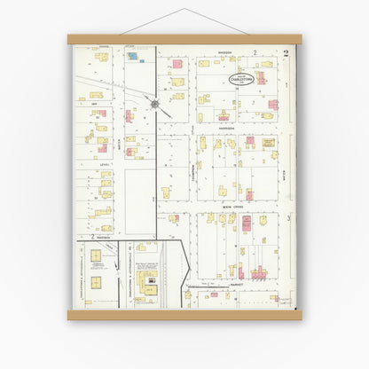 Old map wall art mockup — magnetic wood frame on white wall — Sanborn Fire Insurance Map from Charlestown, Clark County, Indiana (1911), Sheet #0002