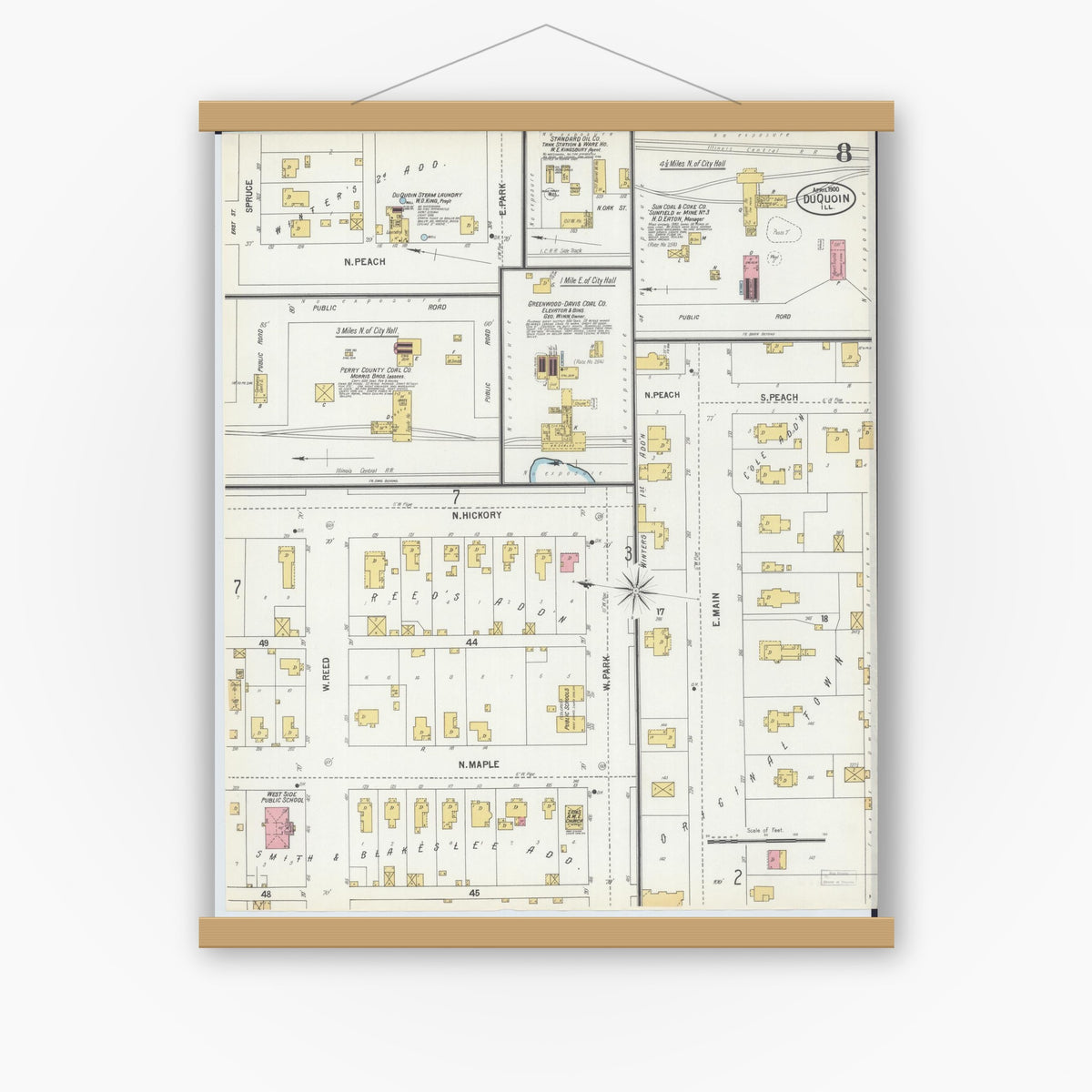Old map wall art mockup — magnetic wood frame on white wall — Sanborn Fire Insurance Map from Du Quoin, Perry County, Illinois (1900), Sheet #0008