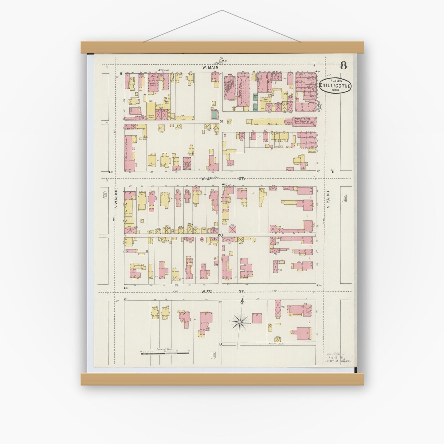 Old map wall art mockup — magnetic wood frame on white wall — Sanborn Fire Insurance Map from Chillicothe, Ross County, Ohio (1895), Sheet #0008