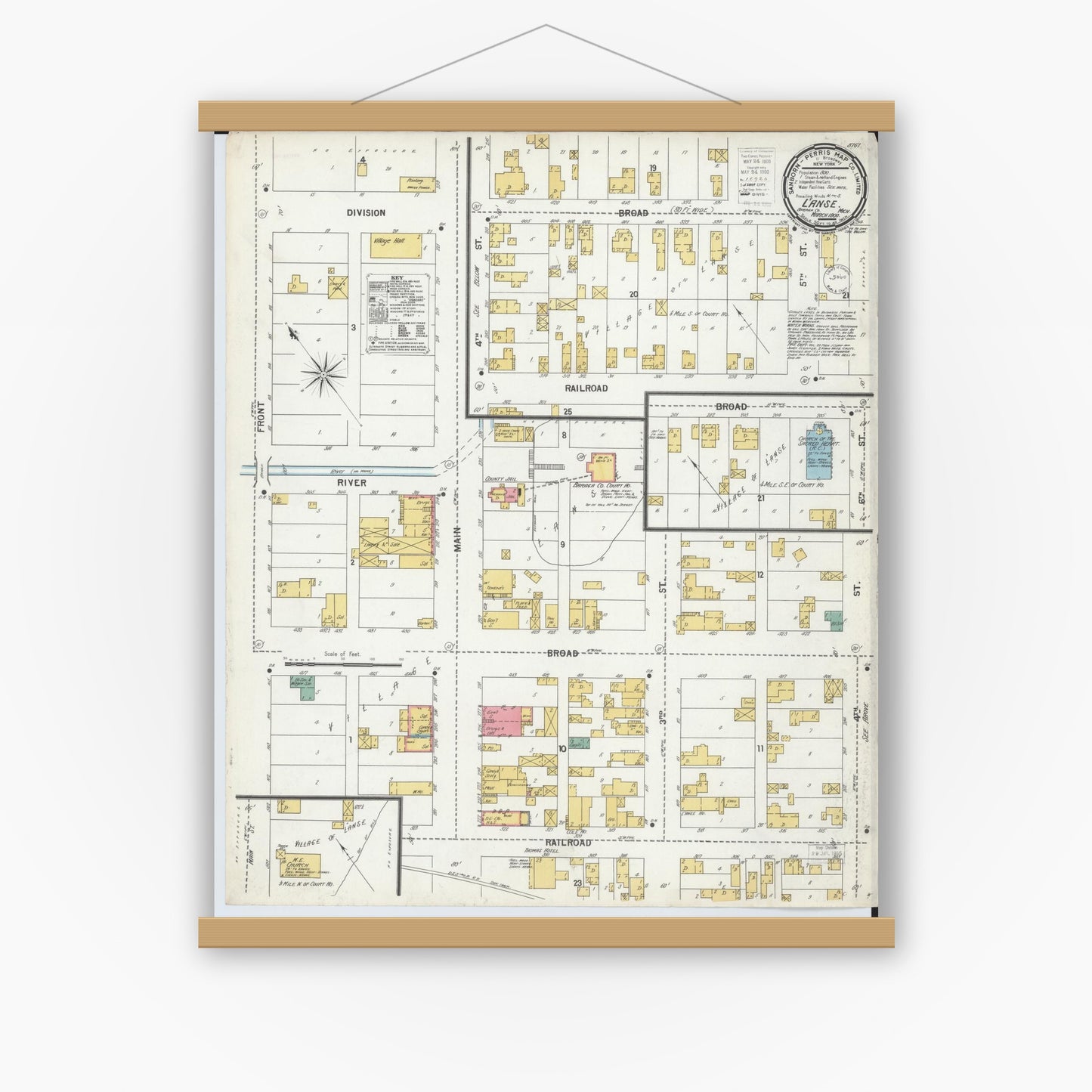 Old map wall art mockup — magnetic wood frame on white wall — Sanborn Fire Insurance Map from L'Anse, Baraga County, Michigan (1900), Sheet #0001