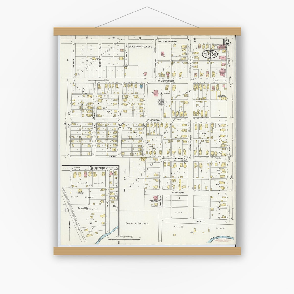 Old map wall art mockup — magnetic wood frame on white wall — Sanborn Fire Insurance Map from Tipton, Tipton County, Indiana (1915), Sheet #0012